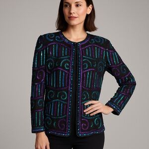 L Vintage 80s Brilliante By J.A. Bedazzled Sequined Beaded Statement Fun Jacket